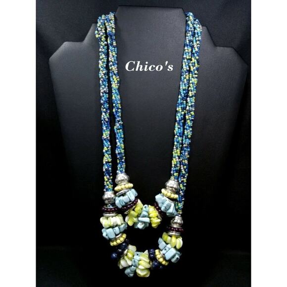 Chico's Blue Green Seed Bead Gemstone MOP Two Strand Necklace, 25 Inches - Picture 1 of 9